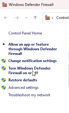 6-Wählen Sie im linken Bereich die Option Windows Defender Firewall ein- oder ausschalten.